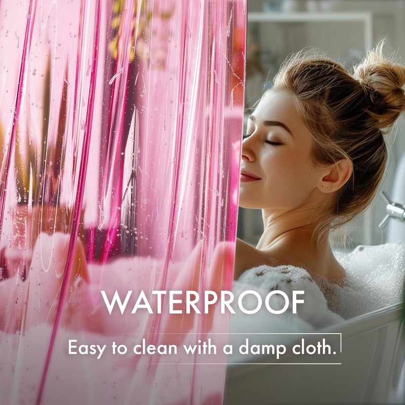 AmazerBath No Hook Shower Curtain and Liner 3-in-1, 8G Luxury Heavy Duty Clear Hot Pink No Hook Shower Curtain Liner, 72x75 Cute EVA Bathroom Weighted Plastic Shower Curtain with 3 Heavyweight Stones - Image 4